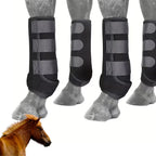Set of four black neoprene horse leg boots designed for protection and injury prevention.