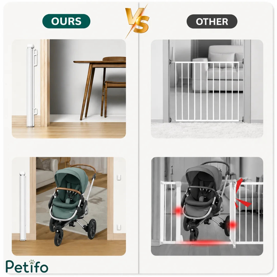 Comparison showing the clean, obstruction-free profile of the retractable gate versus traditional metal baby gates.