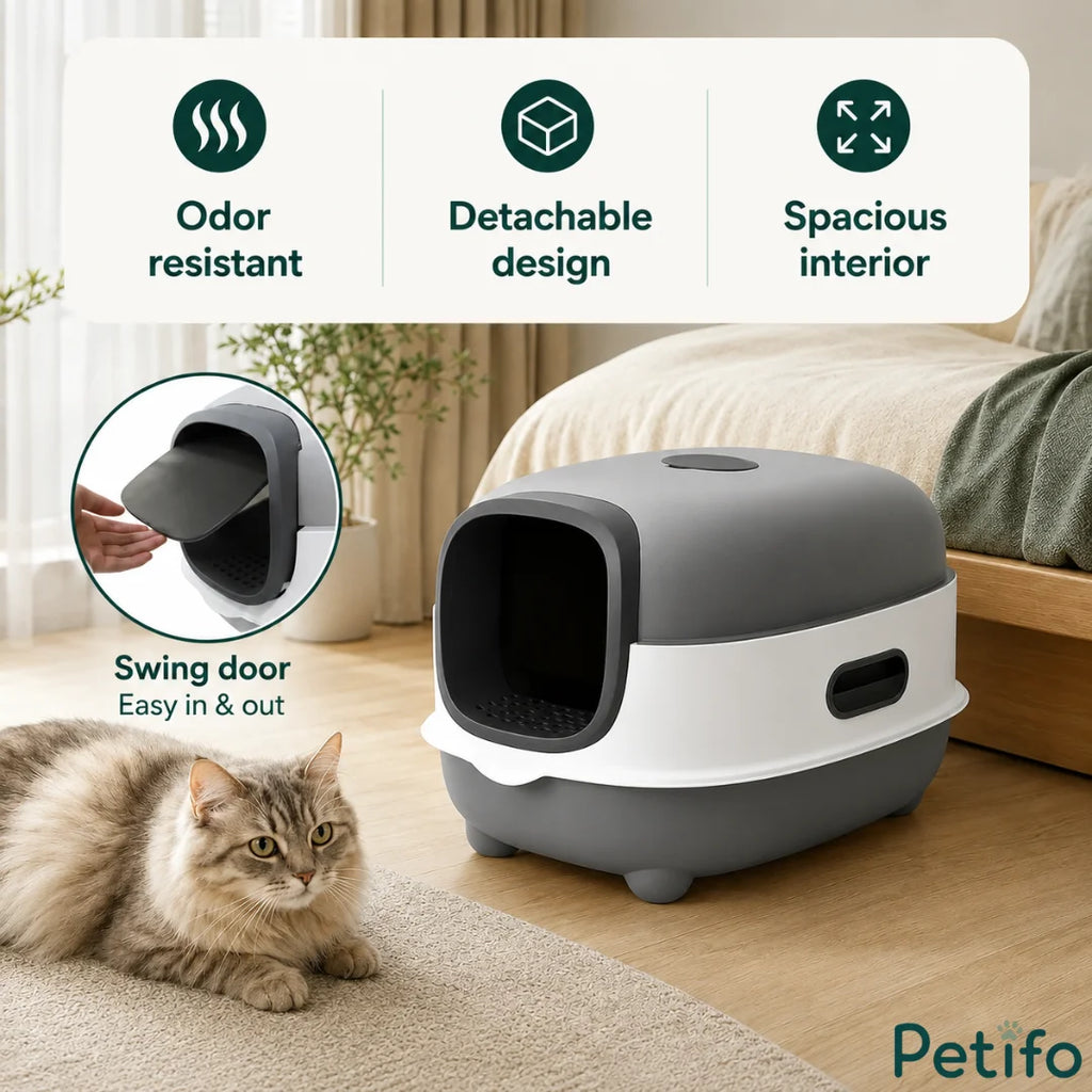 Product features graphic highlighting the odor resistant, detachable design, spacious interior, and easy swing door of the covered cat litter box.
