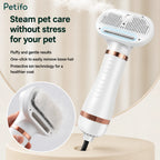 Steam pet care dryer showcasing ion technology and an inset image demonstrating easy one-click loose hair removal.