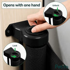 Close-up of the easy one-hand locking and unlocking mechanism on the retractable safety gate.