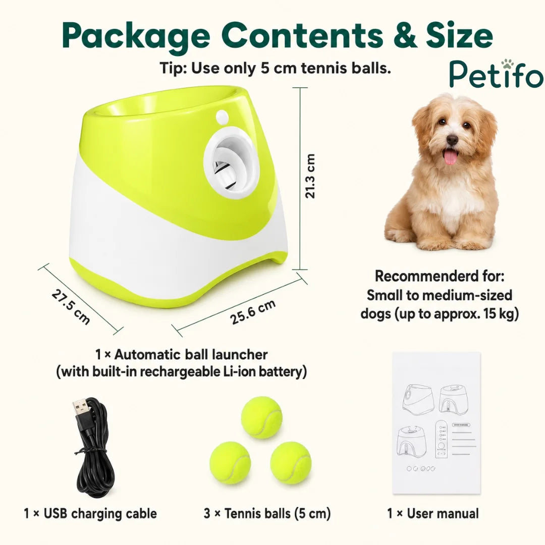 A product overview image showing the Petifo automatic ball launcher dimensions, recommended for small to medium dogs, along with included accessories like a USB cable and tennis balls
