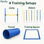 Overview of the four versatile training setups possible with the Petifo dog agility kit: jump, slalom, tunnel, and square.
