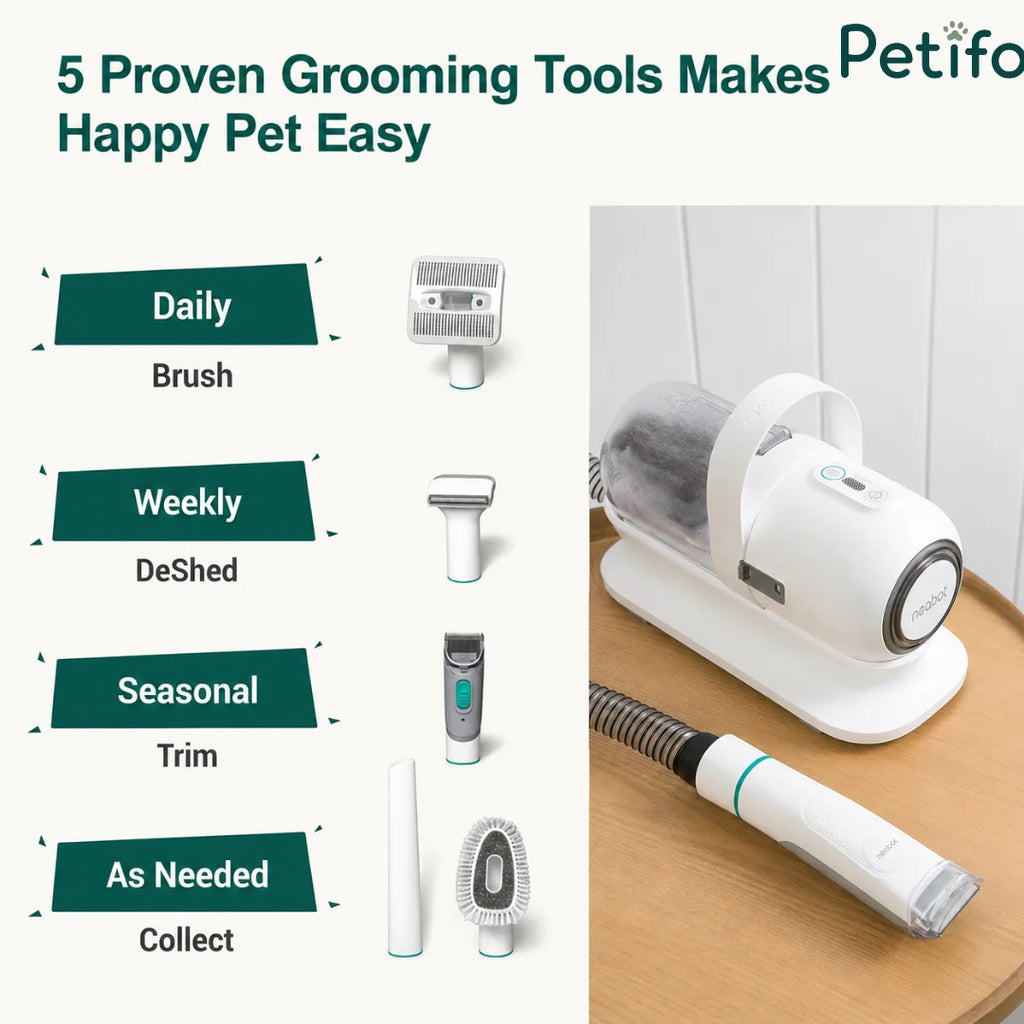 Overview of the five essential grooming tools included with the Petifo system, categorized for daily, weekly, seasonal, and as-needed pet care.