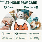 Overview of Petifo at-home paw care showing the grooming hammock and icons for bath, nail trimming, eye care, hair care, ear care, and teeth cleaning.