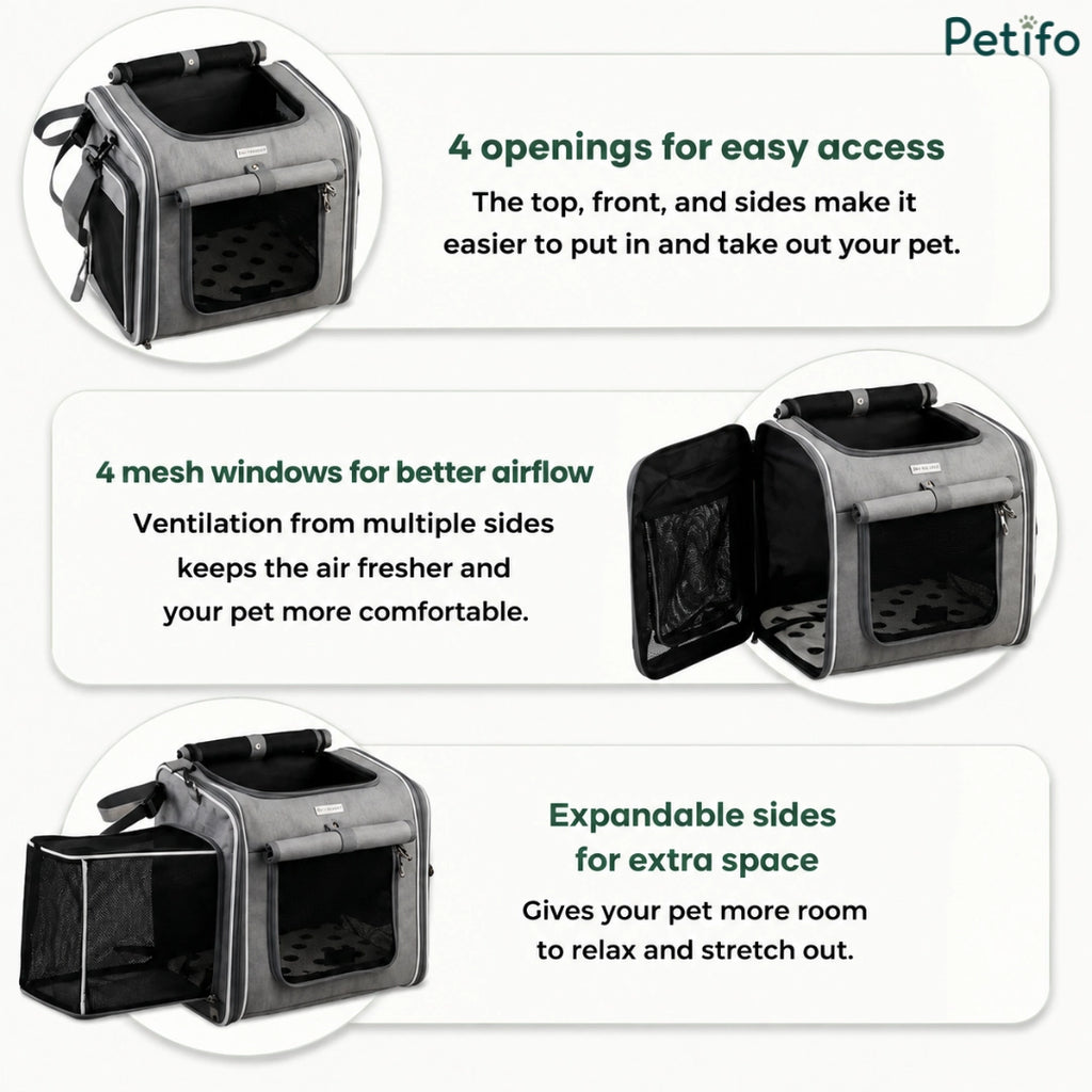 Overview of the Petfuled bicycle pet bag highlighting its 4 convenient openings and expandable mesh sides.