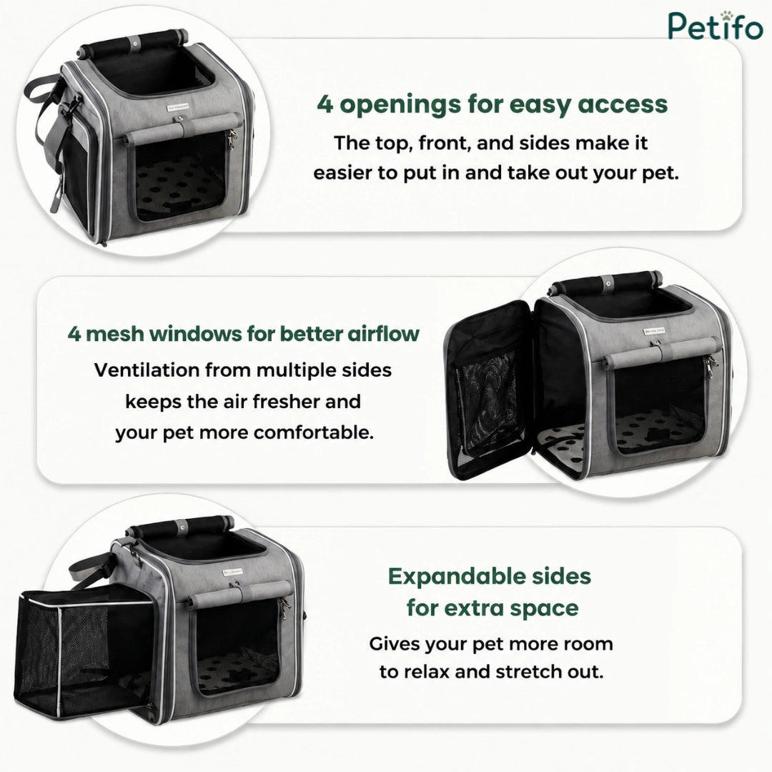 Overview of the Petfuled bicycle pet bag highlighting its 4 convenient openings and expandable mesh sides.