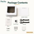 Package contents of the PetVent smart RFID cat door, including the cat flap, installation template, remote, and RFID chip collars.