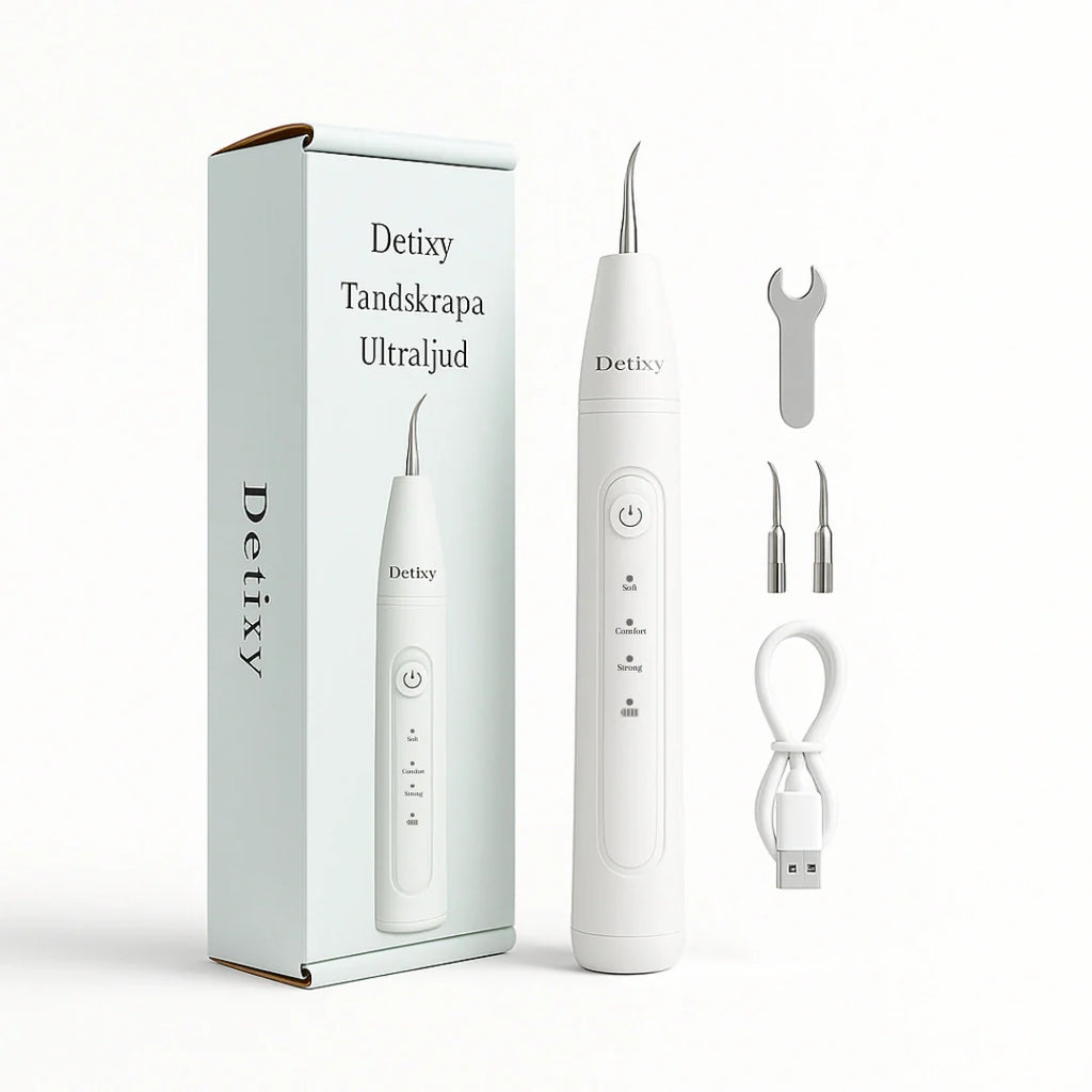 Product packaging and unboxing layout showcasing the white Detixy ultrasonic dental scaler device alongside its branded box, replacement cleaning tips, a tightening wrench, and a USB charging cable.