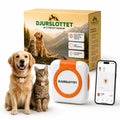 A product packaging box for Djurslottet featuring a golden retriever and a cat, displayed alongside the physical GPS tracker device, a dog and cat wearing the trackers, and a smartphone showing the companion app.