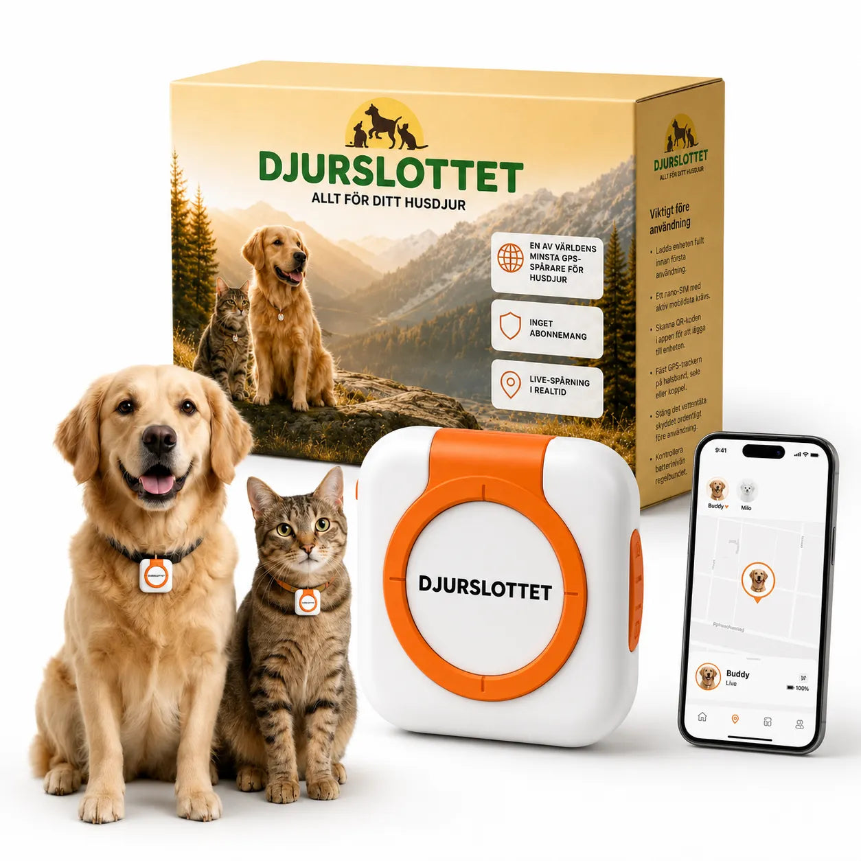 A product packaging box for Djurslottet featuring a golden retriever and a cat, displayed alongside the physical GPS tracker device, a dog and cat wearing the trackers, and a smartphone showing the companion app.