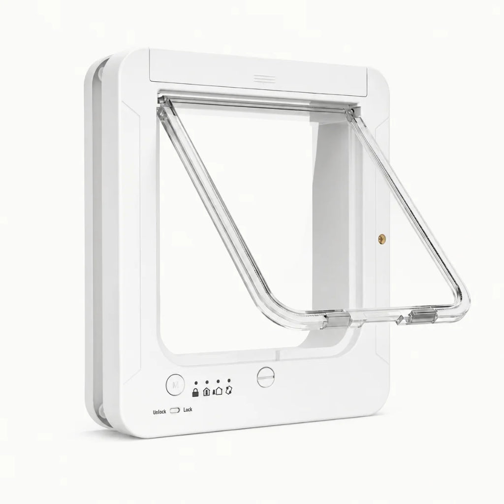 PetVent smart cat door demonstrating exclusive entry technology that allows access only for pets with the registered RFID chip collar.