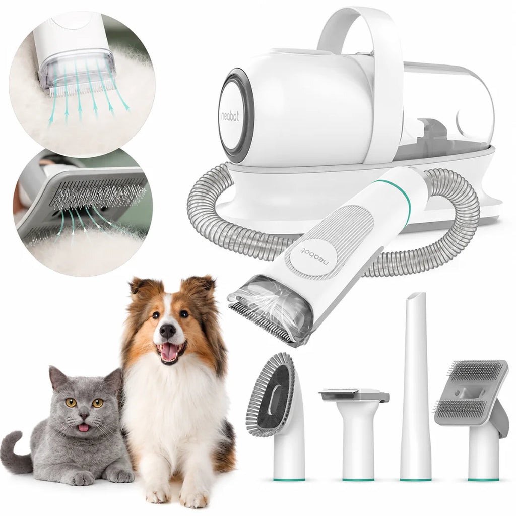 Pet grooming vacuum set featuring various attachments for brushing, trimming, and cleaning, displayed with a cat and dog