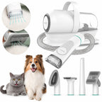 Pet grooming vacuum set featuring various attachments for brushing, trimming, and cleaning, displayed with a cat and dog
