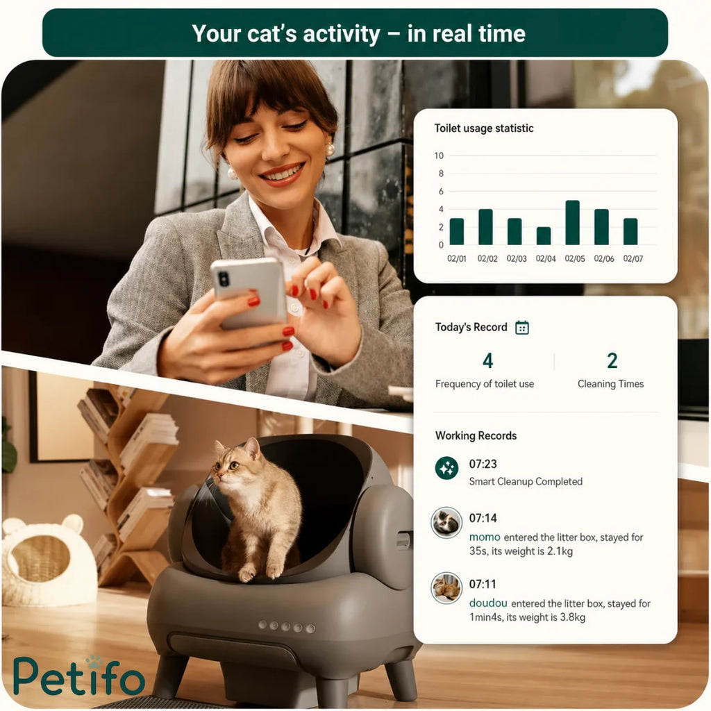 Pet owner using the Neakasa app to monitor real-time cat toilet usage, weight tracking, and automated cleaning record
