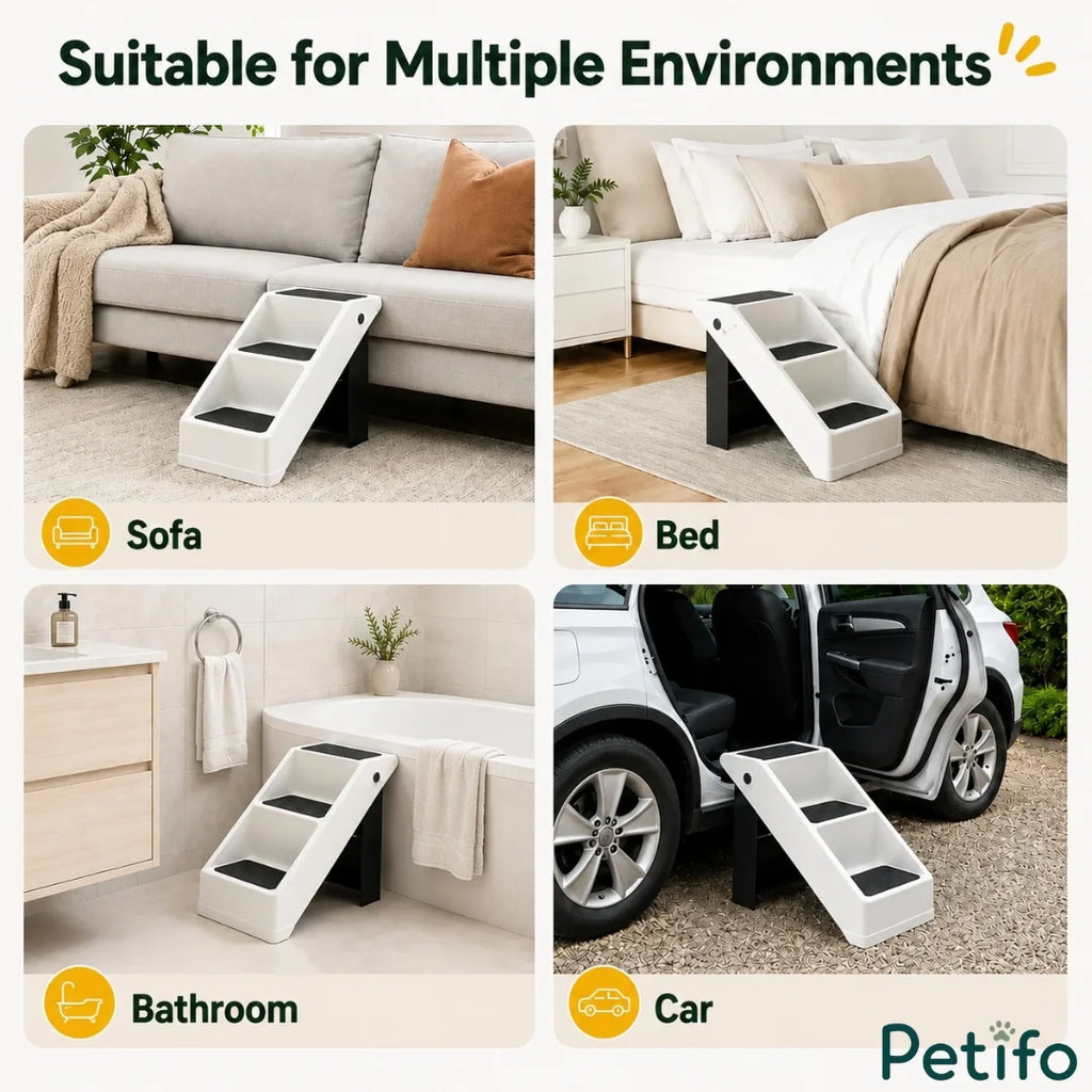 Pet stairs shown in bedroom, living room, bathroom, and car.