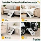 Pet stairs shown in bedroom, living room, bathroom, and car.