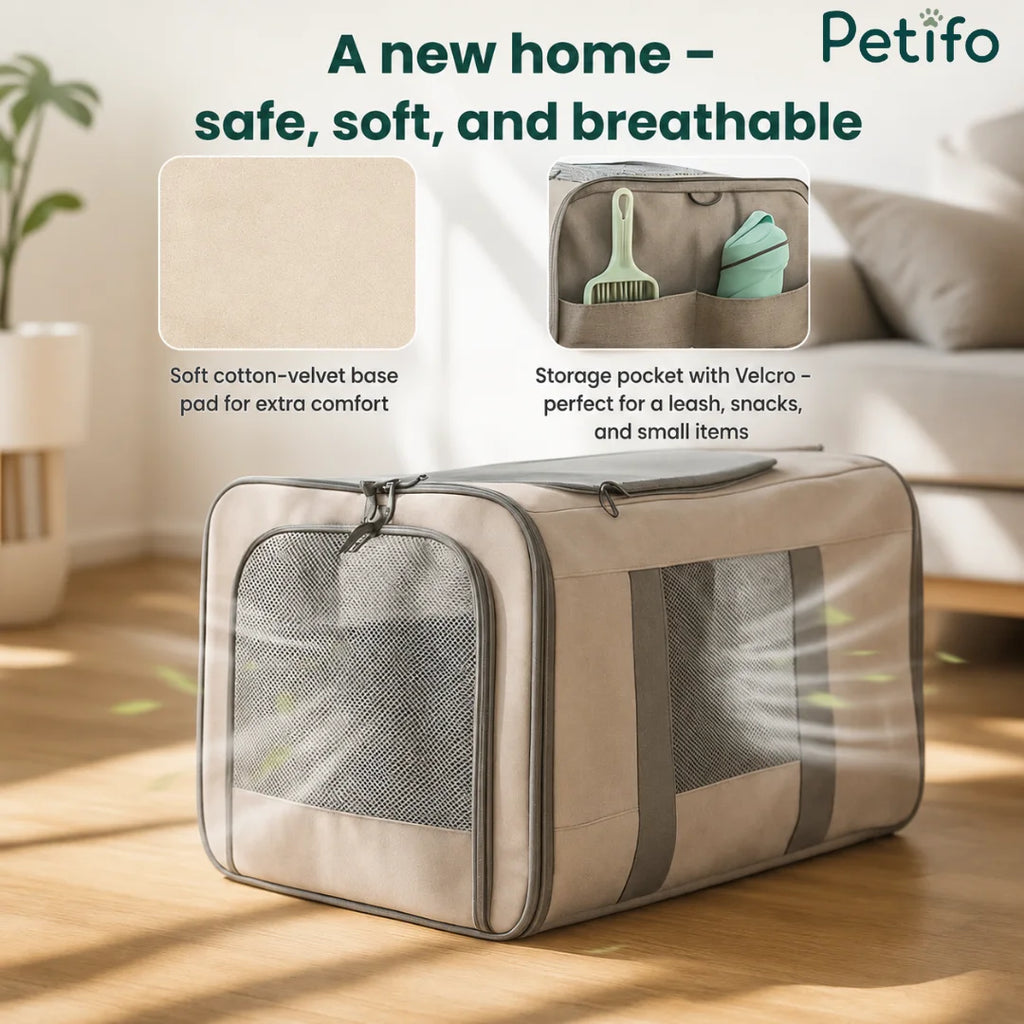 A beige pet travel carrier featuring a soft cotton-velvet base pad and convenient external storage pockets.