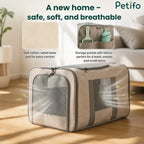 A beige pet travel carrier featuring a soft cotton-velvet base pad and convenient external storage pockets.