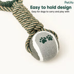 Petifo dog tennis ball and rope chew toy featuring an easy-to-hold design for carrying and play.