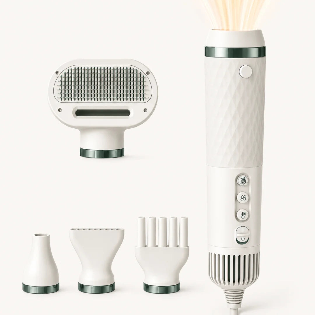 Petifo portable pet blow dryer main unit displayed alongside its four interchangeable styling and grooming attachments.
