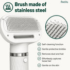 Petifo self-cleaning stainless steel pet grooming brush with gentle protective bristles.