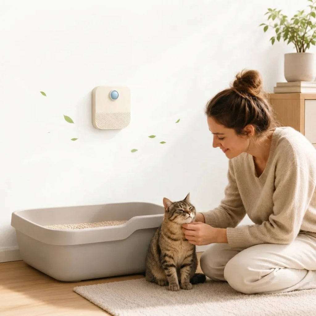 A woman pets a cat sitting next to a litter box with the air purifier on the wall.