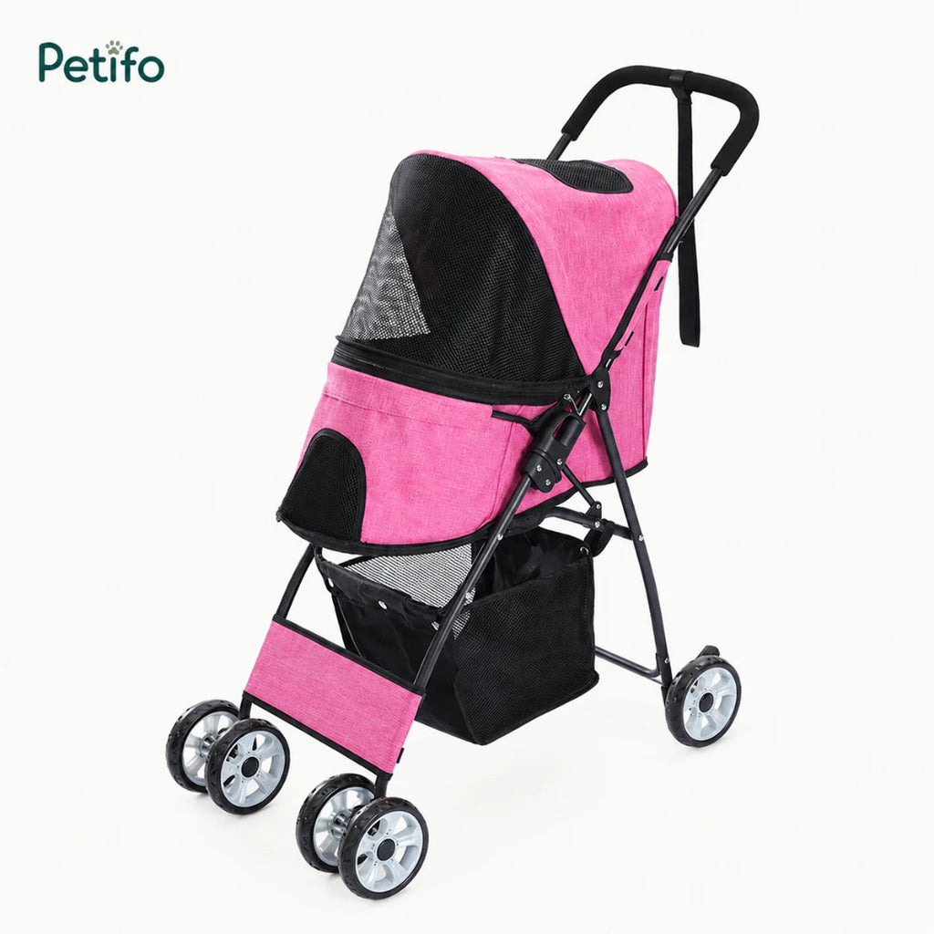 Pink Petifo lightweight foldable pet stroller with breathable mesh for dogs and cats.