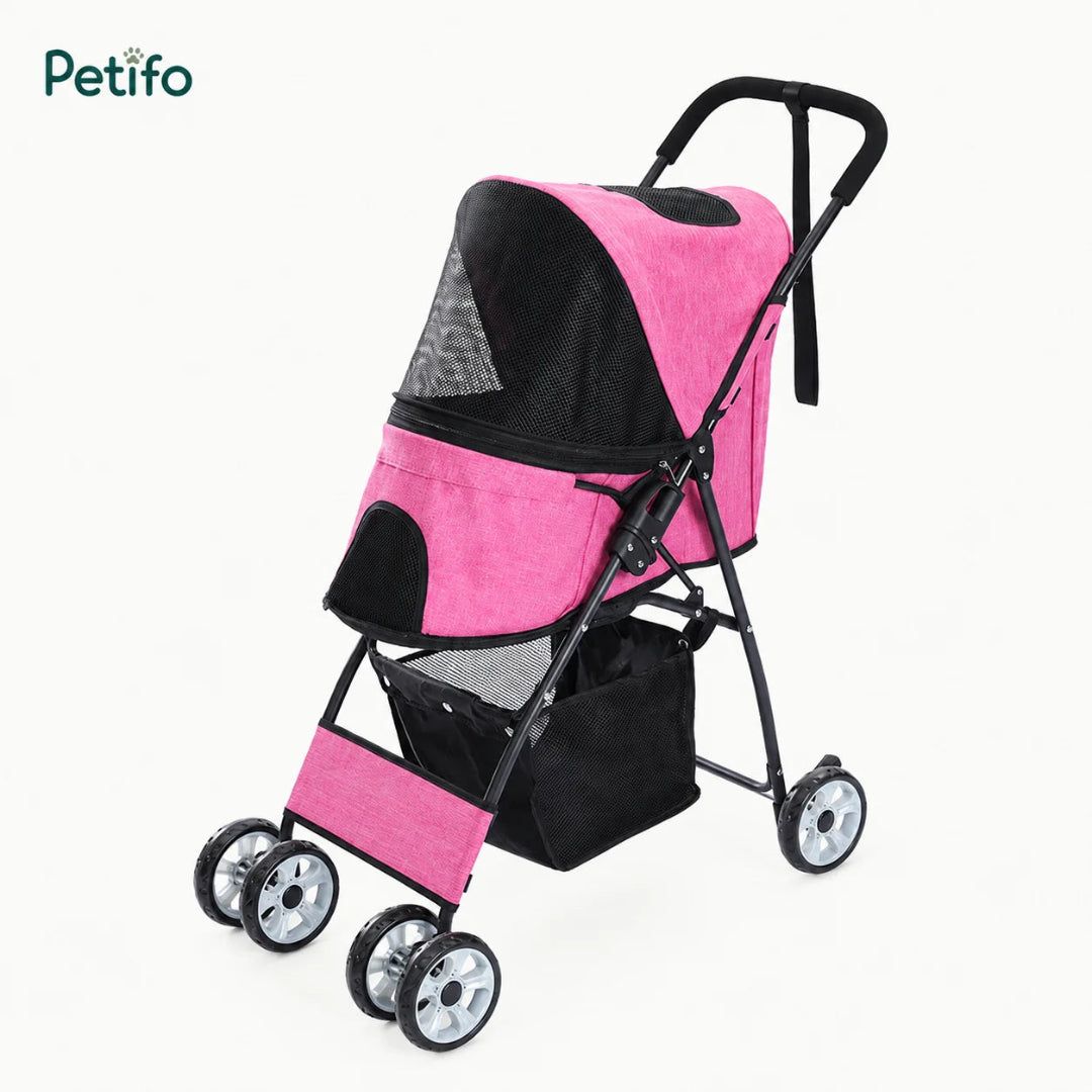 Pink Petifo lightweight foldable pet stroller with breathable mesh for dogs and cats.