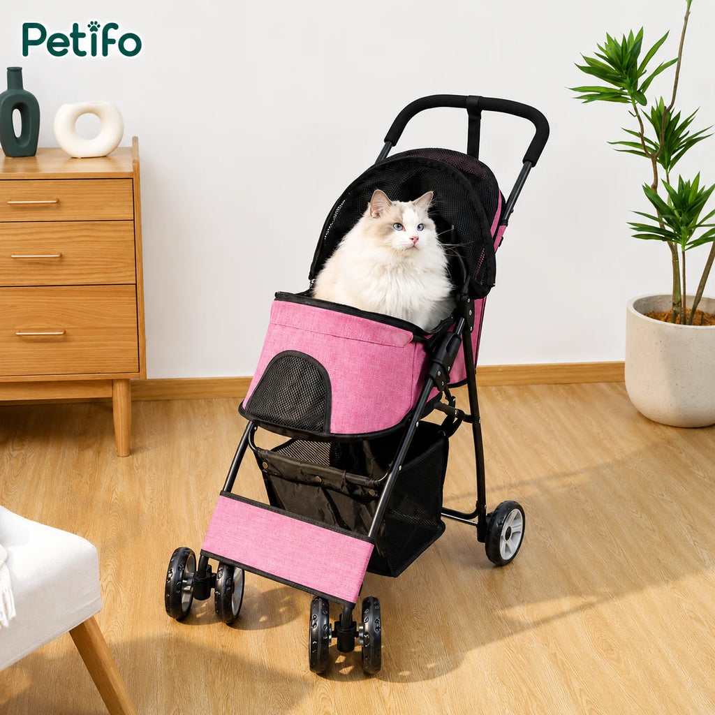 Pink Petifo lightweight foldable pet stroller with breathable mesh for cats.