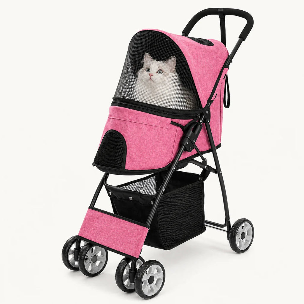 Pink Petifo lightweight foldable pet stroller with breathable mesh for cats.