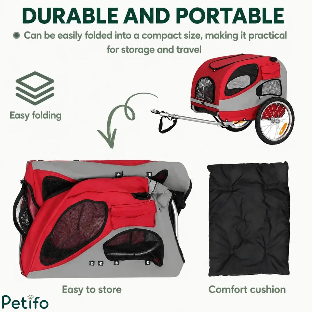 The Petifo pet bike trailer demonstrating its portability with an easy-folding mechanism for storage and a removable interior comfort cushion.