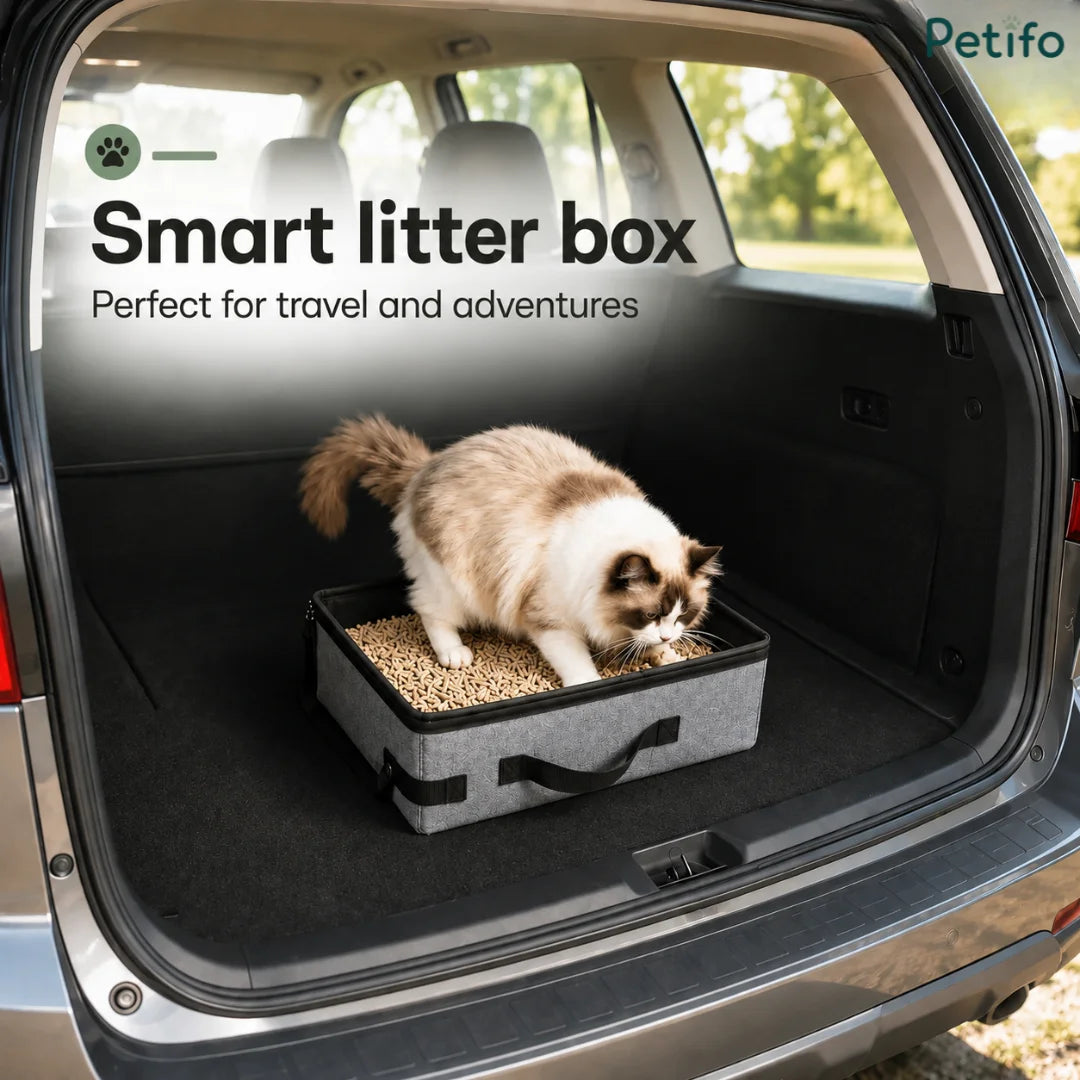 Smart portable cat litter box set up inside a car trunk for travel adventures.
