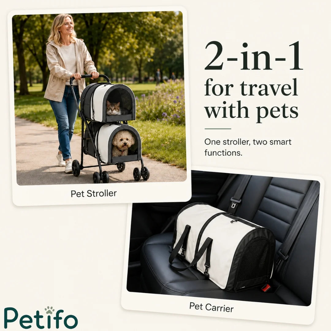 Petifo 2-in-1 pet stroller showing conversion from double stroller to a portable car seat pet carrier.