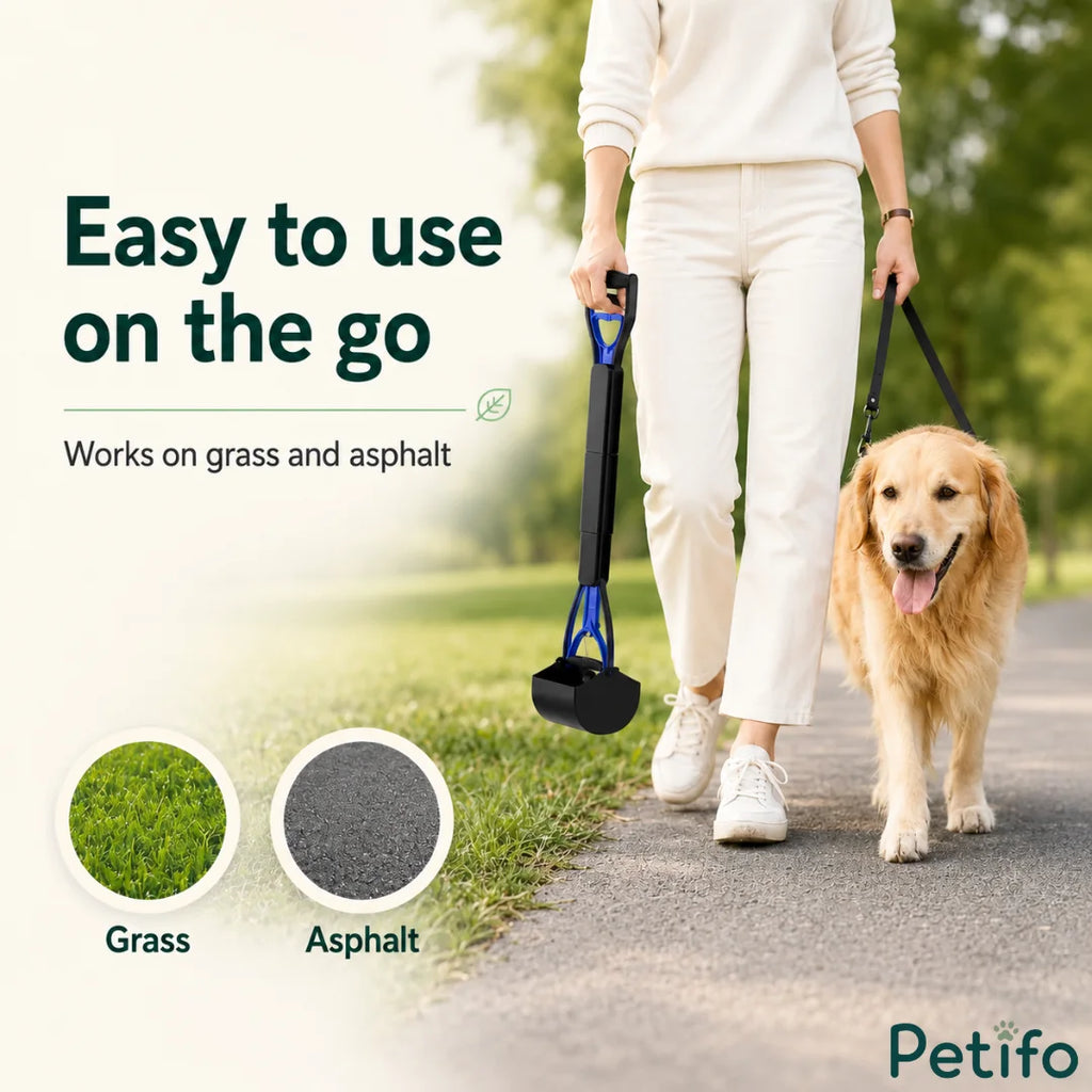 Outdoor lifestyle banner showing a person walking a dog while carrying the portable waste scooper for grass and asphalt use.
