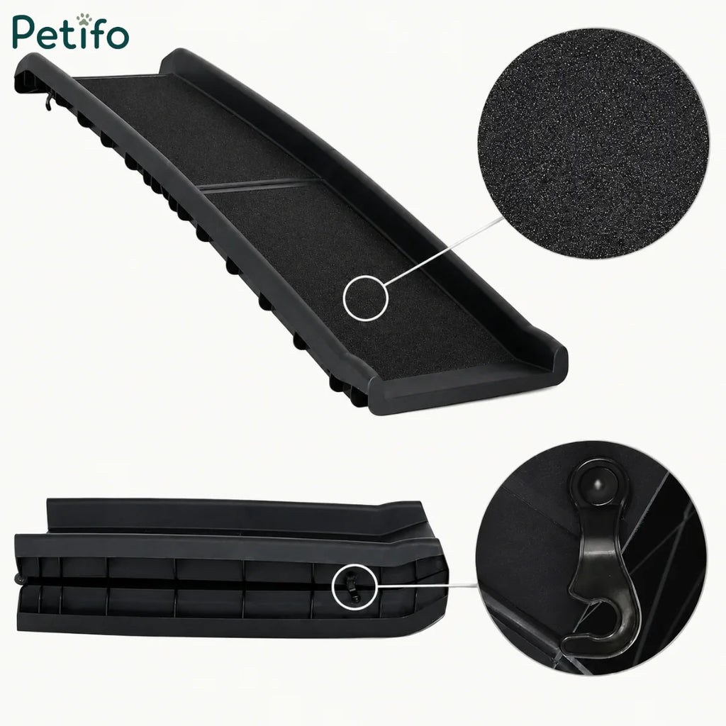 Portable dog ramp for cars featuring a high-traction, non-slip surface and locking latch.