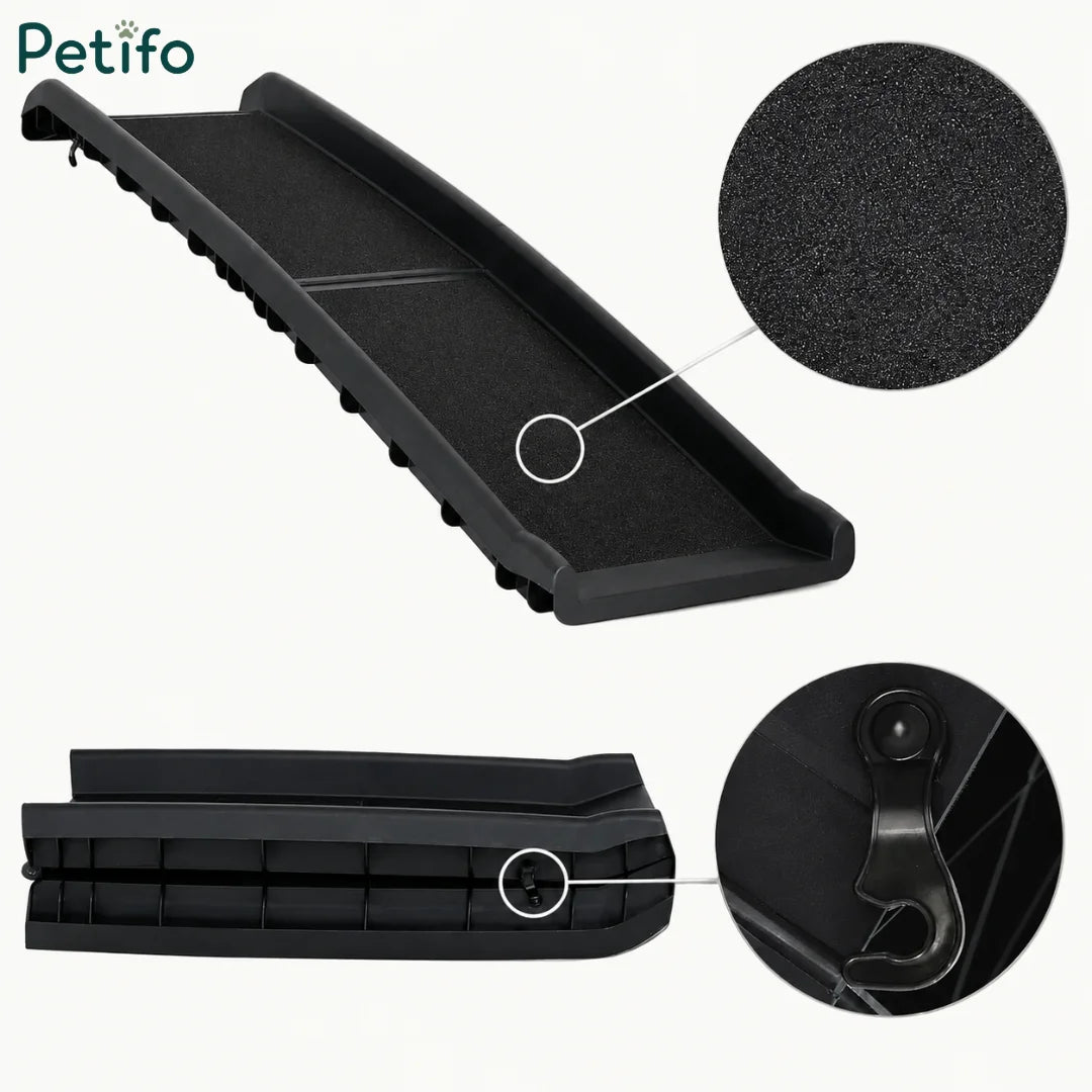 Portable dog ramp for cars featuring a high-traction, non-slip surface and locking latch.