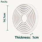 Single circular pet water fountain filter showing precise dimensions of 14.7cm diameter and 1cm thickness.
