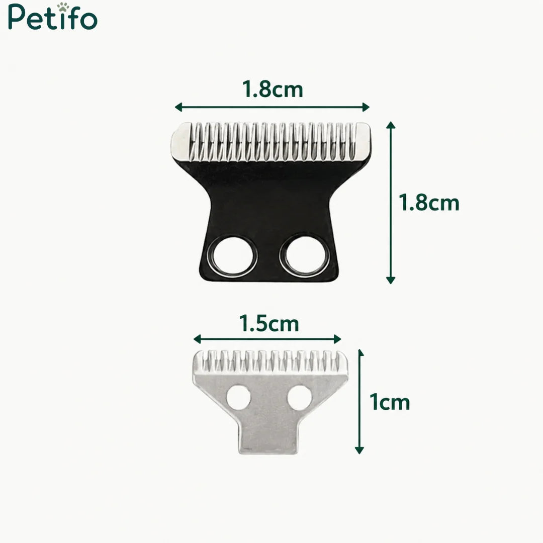 Dimensioned technical drawing showing the precise measurements of small and large pet trimmer blade heads in centimeters.