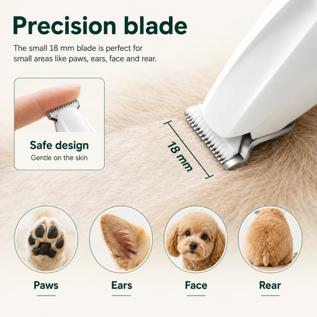 Precision 18 mm pet clipper blade designed for safe trimming on sensitive areas like paws, ears, face, and rear.