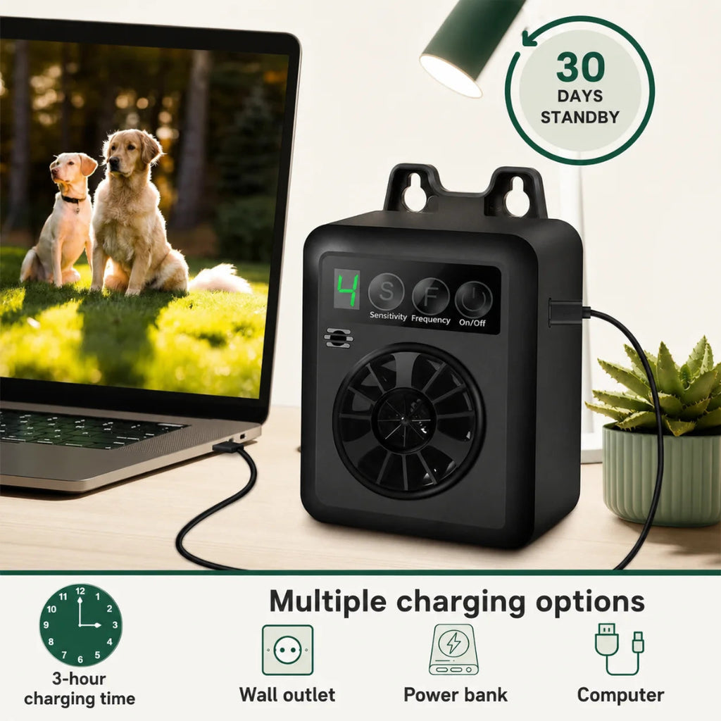 Technical diagram showing the button functions and exact dimensions of the Pro ultrasonic anti-barking controller.
