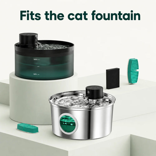 Product compatibility display showing the replacement filters fit both plastic and stainless steel automatic cat water fountai