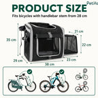 Product dimension diagram for the Petfuled bicycle pet bag highlighting its sizing and handlebar compatibility.
