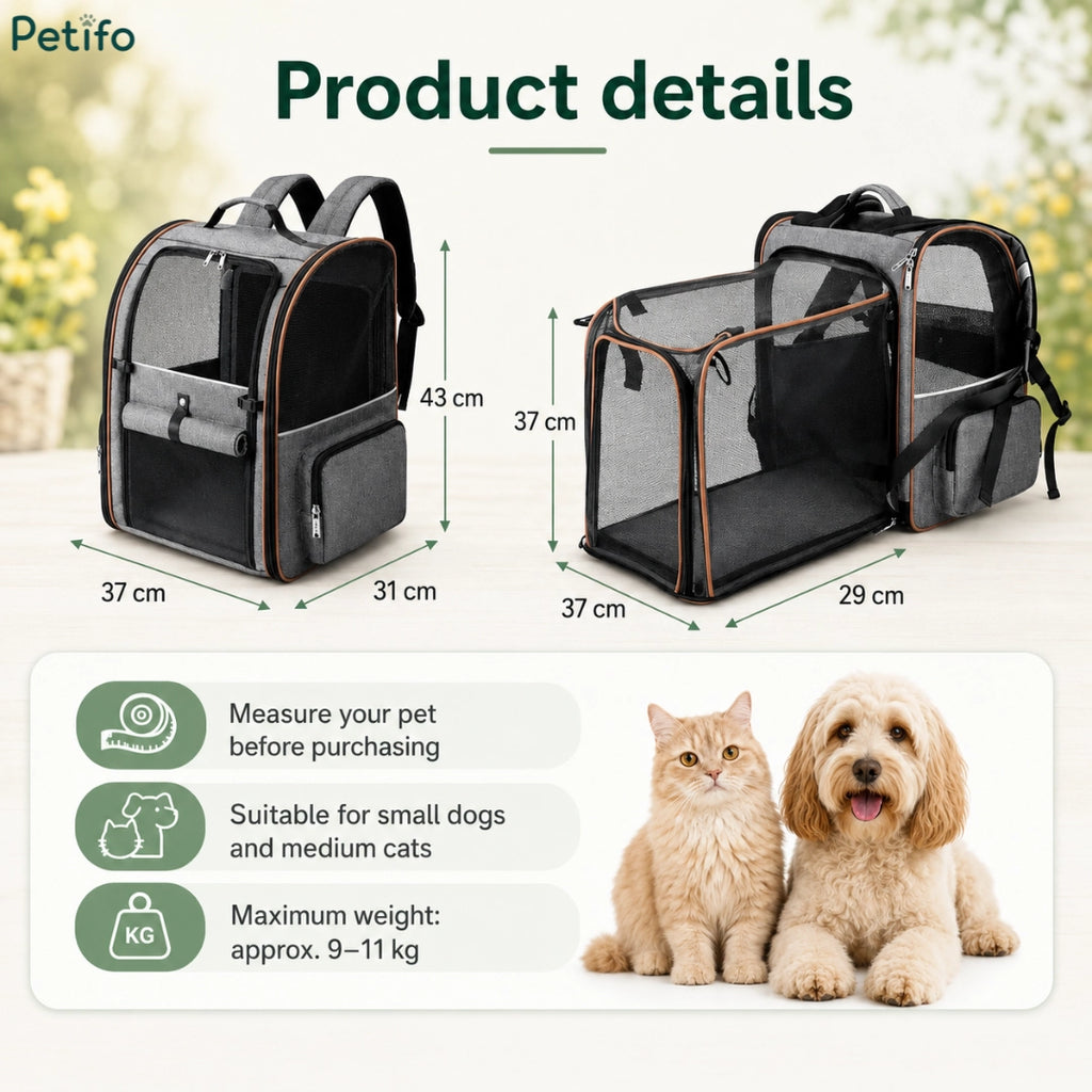 Product dimension infographic detailing the Petifo pet carrier measurements (37x31x43 cm closed, 37x29x37 cm expanded)