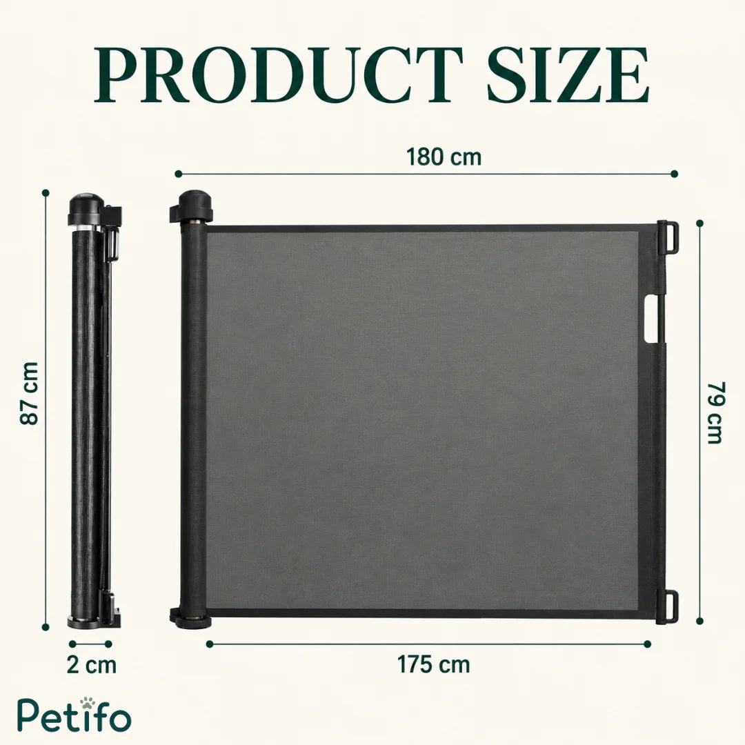 Product dimensions diagram for the black retractable safety gate measuring 180cm wide and 87cm high.