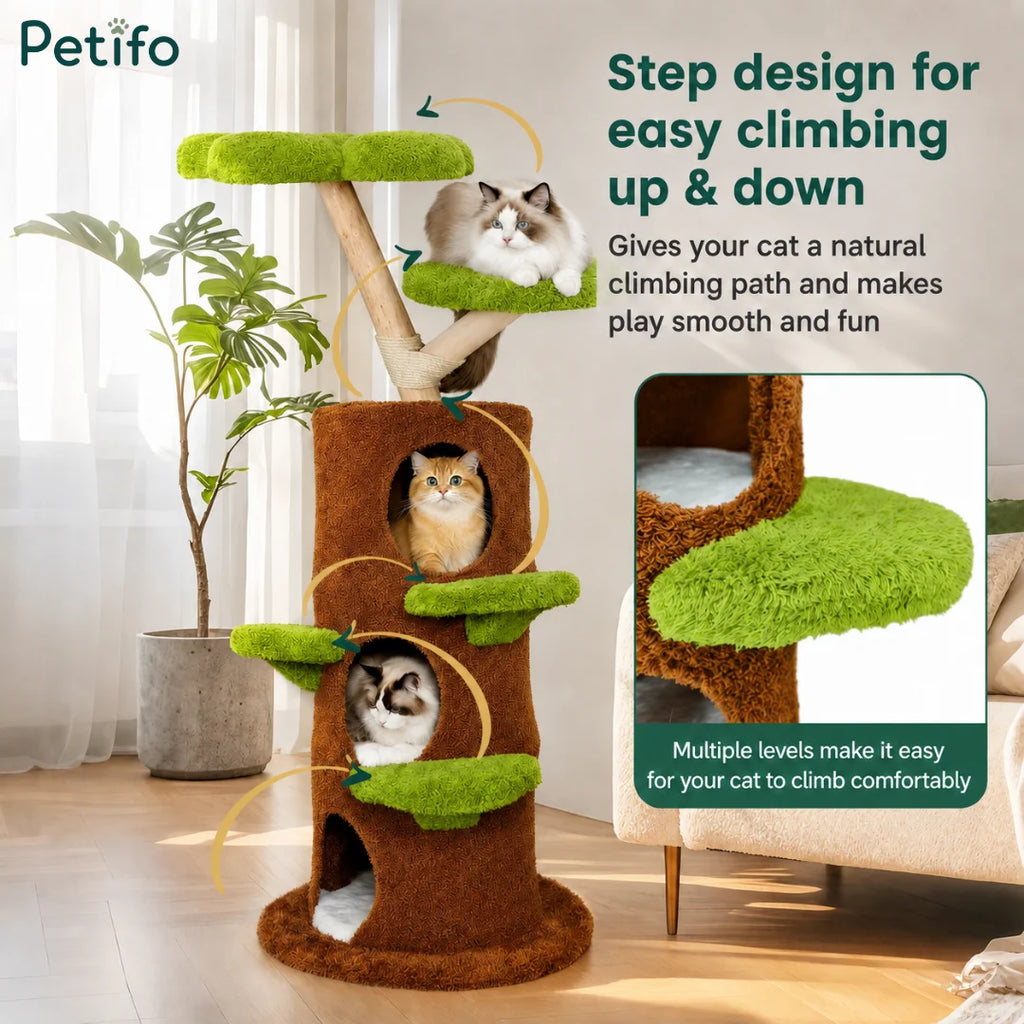 Product feature image highlighting the step-design of a tree-shaped cat tower for easy climbing and smooth play.