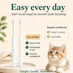 Two white ergonomic pet toothbrushes on a tray next to a cute kitten, highlighting product features.