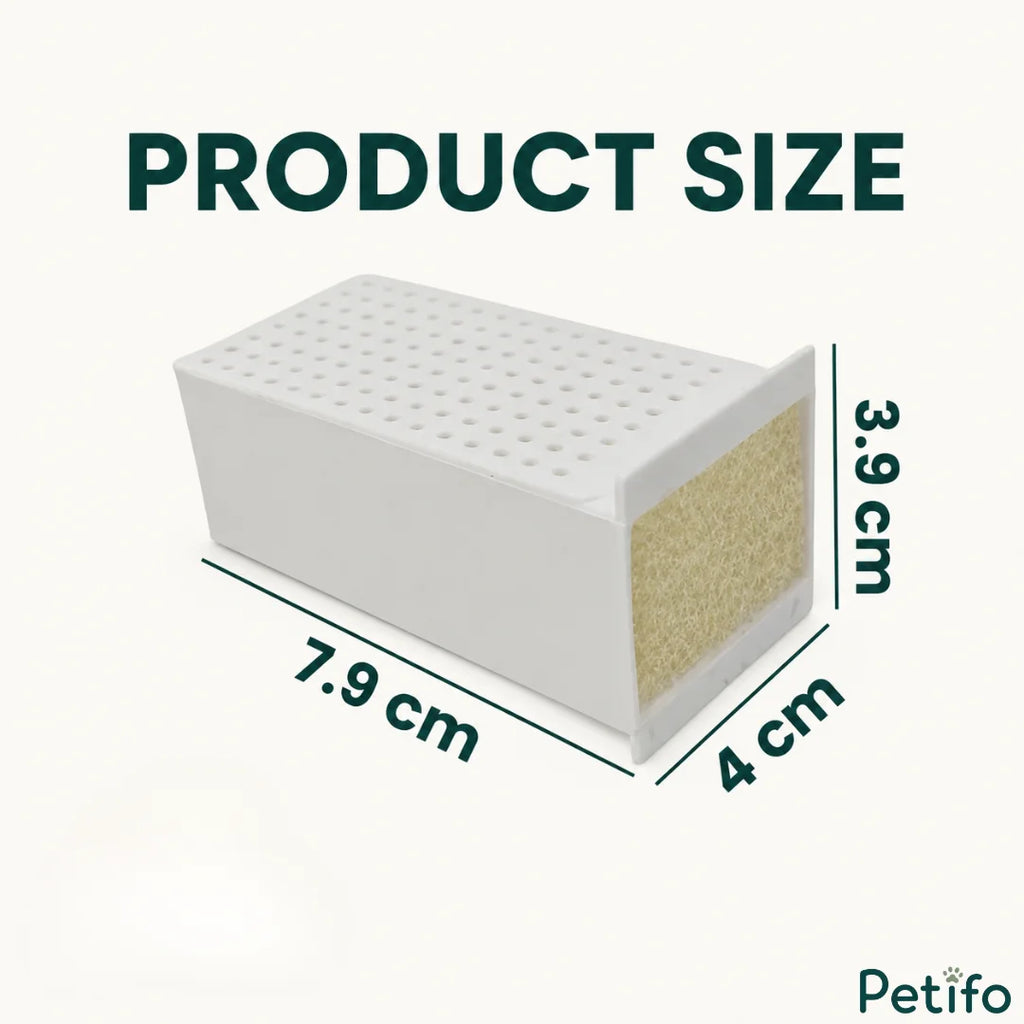 Product size dimensions showing a cat water fountain replacement filter
