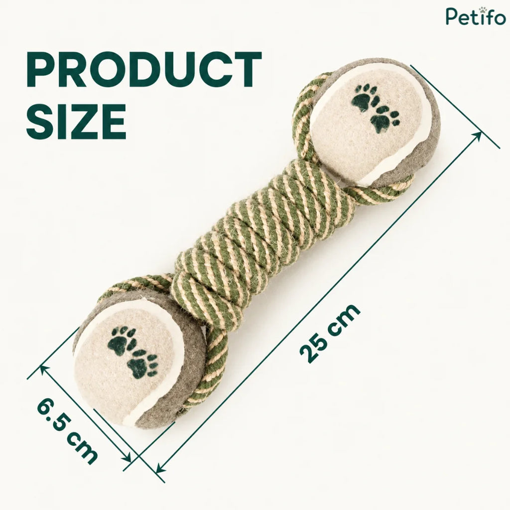 Product size infographic showing the Petifo dog chew toy measuring 25 cm in length and 6.5 cm in ball width.