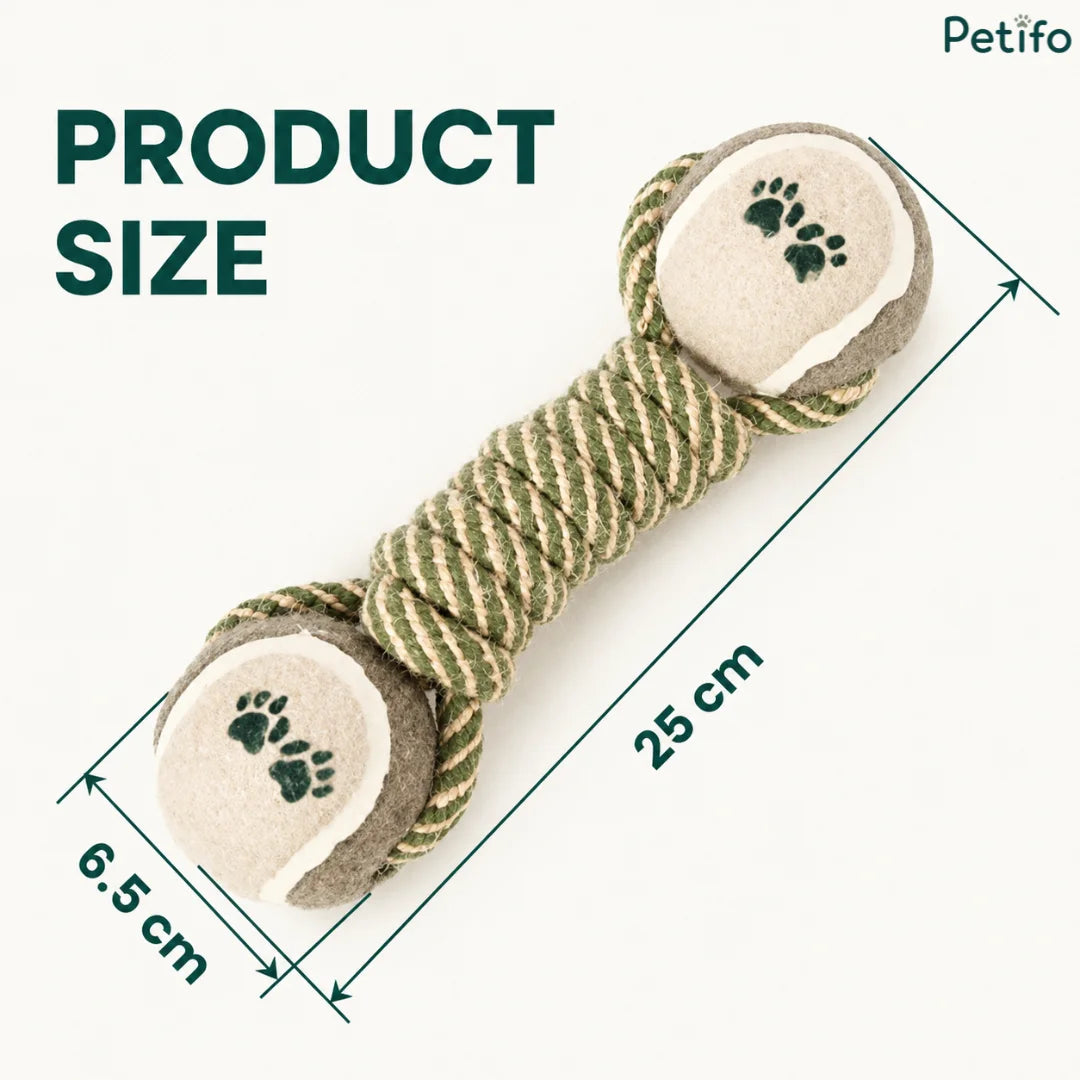Product size infographic showing the Petifo dog chew toy measuring 25 cm in length and 6.5 cm in ball width.